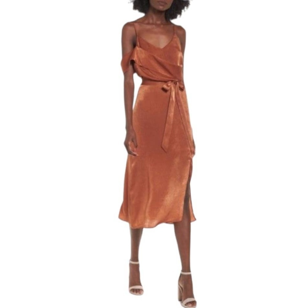 J.O.A. Anouk Satin Draped Shoulder Midi Dress S Side Slit Strappy Cocktail Brown